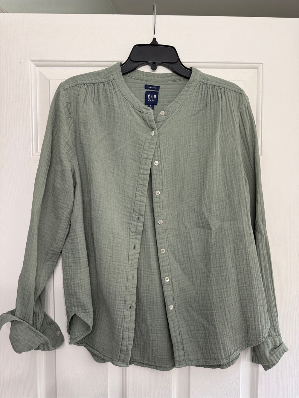 GAP Light Green Collarless Button-Front Blouse